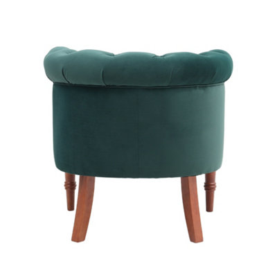 Dark Green Velvet Upholstered Buttoned Accent Tub Chair with Wooden Legs