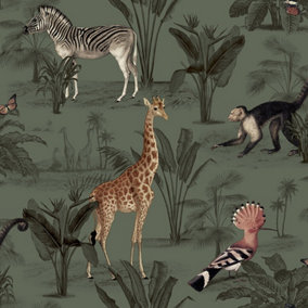 Dark Green Vintage Zoo Wallpaper