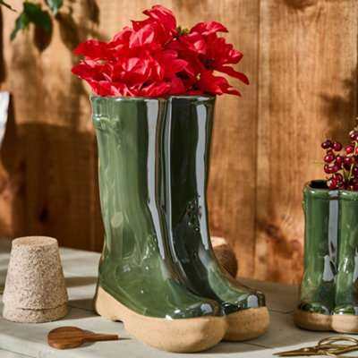 Dark Green Wellington Boots Large Ceramic Indoor Outdoor Flower