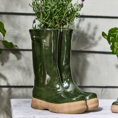 Dark Green Wellington Boots Large Ceramic Indoor Outdoor Summer Flower Pot Garden Planter Pot