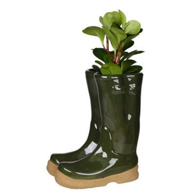 Dark Green Wellington Boots Large Outdoor Planter Ceramic Flower