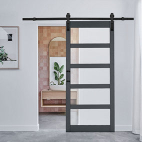 Dark Grey 5 Lites Farmhouse Style Wooden Internal Sliding Door Barn Door with 6.6ft Steel Hardware Kit, 91 x 213cm