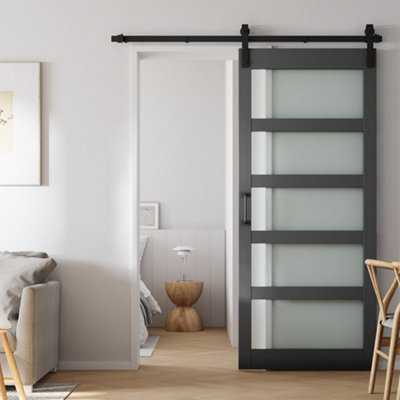 Dark Grey 5 Panles Glass Sliding Internal Door 91cm W x 213cm H with Sliding Kit 200cm and Hardware