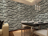 Dark Grey Brick Wallpaper Non Woven Wallpaper Retro 3D Stone Patterned Wall Paper Roll 5m²