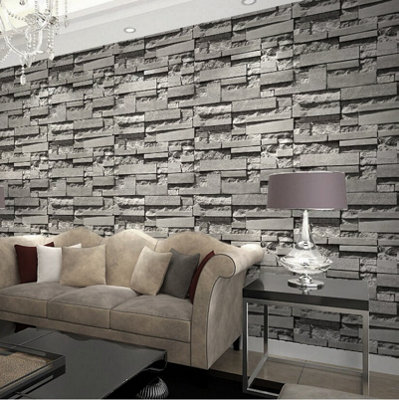 Dark Grey Brick Wallpaper Non Woven Wallpaper Retro 3D Stone Patterned Wall Paper Roll 5m²