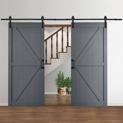 Dark Grey Coated Wood Grain Effect Sliding Internal Door Interior Barn Door H 213cm x W 91cm with Sliding Kit Set 183cm