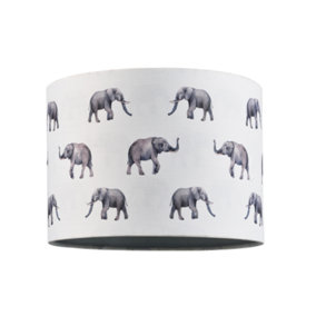 Dark Grey Elephants White Cotton 25cm Lampshade with Inner Light Grey Lining