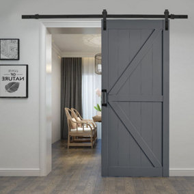 Dark Grey Farmhouse Style Wood Grain Wooden Internal Door Barn Door with 6ft Steel Sliding Hardware Kit, 91 x 213cm