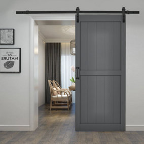 Dark Grey Farmhouse Style Wood Grain Wooden Internal Sliding Door Barn Door with 6ft Steel Hardware Kit, 91 x 213cm