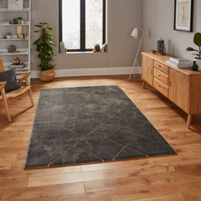 Dark Grey Gold Abstract Modern Easy To Clean Rug For Living Room Bedroom & Dining Room-120cm X 170cm