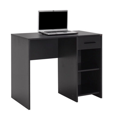 Dark Grey Home Office Desk With Shelving & Drawer