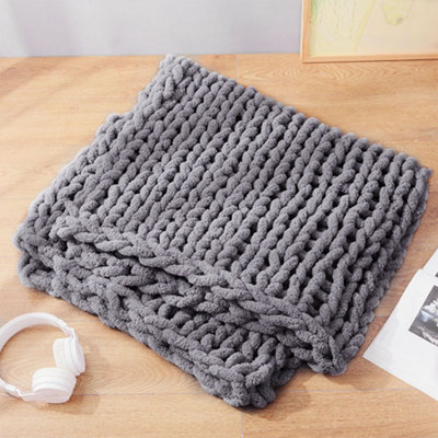 Dark Grey Knitted Chenille Fuzzy Blanket Lightweight Throw Blankets for Bed 600mm L DIY at B Q