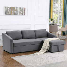 Dark Grey L Shaped Sofa Bed Fabric 3 Seater Corner Couch with Storage Chaise Lounge