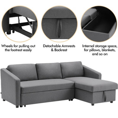 Dark Grey L Shaped Sofa Bed Fabric 3 Seater Corner Couch with Storage Chaise Lounge