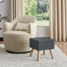 Dark Grey Linen Fabric Padded Footstool with Wooden Legs W 395 x D 395 x H 400 mm