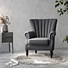 Dark Grey Linen Upholstered Pleated Wing Back Occasional Armchair Sofa Chair
