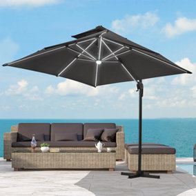 Dark Grey Outdoor Large Square Tilting Canopy LED Cantilever Parasol with Cross Base 3M