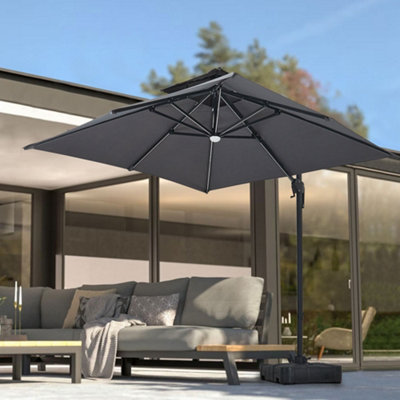 Dark Grey Outdoor Large Square Tilting Canopy LED Cantilever Parasol with Square Base 3M
