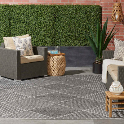 Dark Grey Outdoor Rug, Optical/ (3D) Abstract StainResistant Rug For