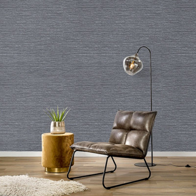 Dark Grey Plain 3D Striped Linen Textured Non Woven Wallpaper Roll 10m (L)