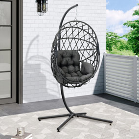 Dark Grey Rattan Swing Egg Chair Hanging Garden Hammock Swing Chair Hanging Basket with Cushions & Stand Outdoor Furniture
