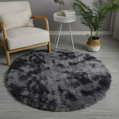 Dark Grey Round 120cm Large Soft Touch Rug Antiskid Shaggy Rug Fluffy Bedroom Rugs Modern Tie-dye Carpet