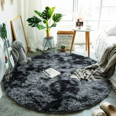 Dark Grey Round 120cm Large Soft Touch Rug Antiskid Shaggy Rug Fluffy Bedroom Rugs Modern Tie-dye Carpet