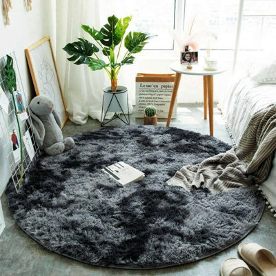 Dark Grey Round 160cm Large Soft Touch Rug Antiskid Shaggy Rug Fluffy ...