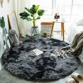 Dark Grey Round 160cm Large Soft Touch Rug Antiskid Shaggy Rug Fluffy Bedroom Rugs Modern Tie-dye Carpet