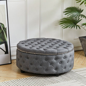 Dark Grey Round Linen Upholstered Deep Buttoned Ottoman with Studded Edge Dia 750 x H 350 mm