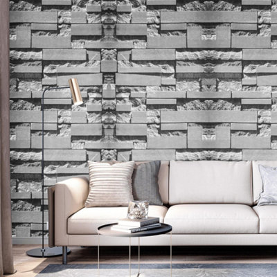 Dark Grey Rustic 3D Stone Brick Effect Non Woven Wallpaper Roll