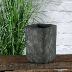 Dark Grey Rustic Ceramic Plant Pot. Grid Design. No Drainage Holes. H18 x W13 cm