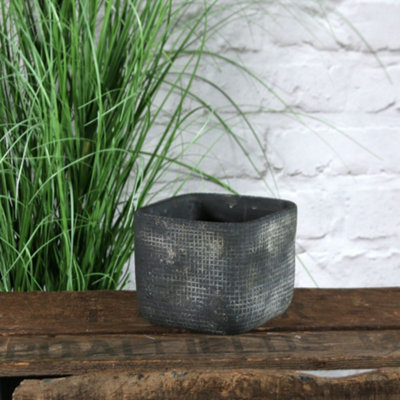 Dark Grey Rustic Ceramic Square Plant Pot. Grid Design. No Drainage Holes. H11 x W13 cm