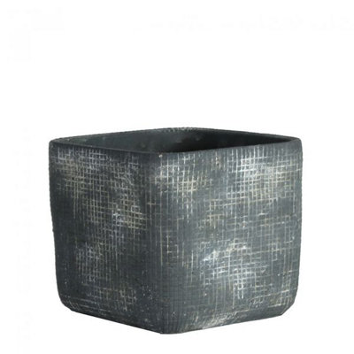 Dark Grey Rustic Ceramic Square Plant Pot. Grid Design. No Drainage ...