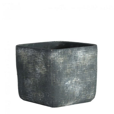 Dark Grey Rustic Ceramic Square Plant Pot. Grid Design. No Drainage Holes. H11 x W13 cm