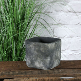 Dark Grey Rustic Ceramic Square Plant Pot. Grid Design. No Drainage Holes. H13 x W14 cm