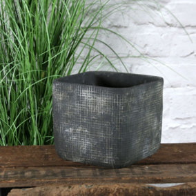 Dark Grey Rustic Ceramic Square Plant Pot. Grid Design. No Drainage Holes. H15 x W18 cm