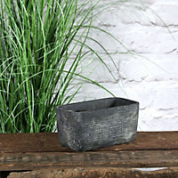 Dark Grey Rustic Ceramic Trough Plant Pot. Grid Design. No Drainage Holes.  H8.5 x W17 cm (Small)