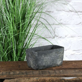 Dark Grey Rustic Ceramic Trough Plant Pot. Grid Design. No Drainage Holes.  H8.5 x W17 cm (Small)