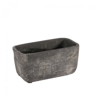 Dark Grey Rustic Ceramic Trough Plant Pot. Grid Design. No Drainage Holes.  H8.5 x W17 cm (Small)