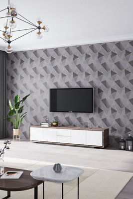 Dark Grey Simple PVC Wallpaper Gold Line Rhombus Geometrical 3D Wallpaper Roll 5m²