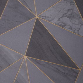 Dark Grey Simple PVC Wallpaper Gold Line Rhombus Geometrical 3D Wallpaper Roll 5m²