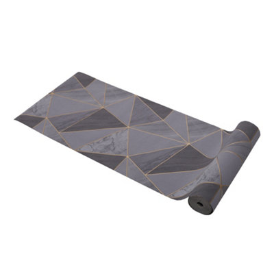 Dark Grey Simple PVC Wallpaper Gold Line Rhombus Geometrical 3D Wallpaper Roll 5m²