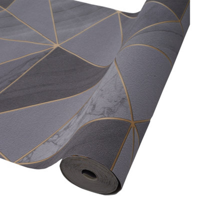Dark Grey Simple PVC Wallpaper Gold Line Rhombus Geometrical 3D Wallpaper Roll, Non Self Adhesive Wall Covering Paper 5m²