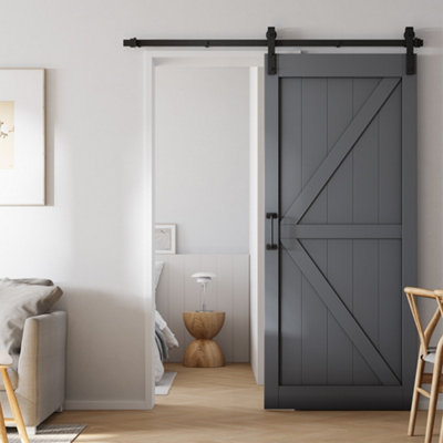 Dark Grey Sliding Internal Door Interior Slab Barn Door 91cm W x  213cm H with Sliding Guide 200cm
