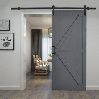 Dark Grey Sliding Internal Door Interior Slab Barn Door 91cm W x  213cm H with Sliding Guide 200cm