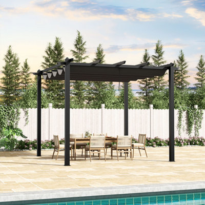 Dark Grey Sliding Retractable Roof Garden Gazebo Patio Deck Aluminum Pergola with Sun Shade Canopy 3x3M