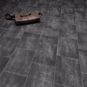 Dark Grey Stone Effect Anti-Slip Vinyl Flooring For LivingRoom, Kitchen,2.8mm Cushion Backed Vinyl Sheet-5m(16'4") X 2m(6'6")-10m²