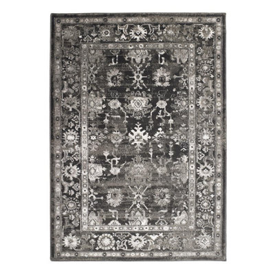 Dark Grey Traditional Rug, 20mm Thickness Bordered Floral Rug ...