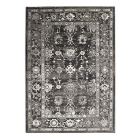Dark Grey Traditional Rug, 20mm Thickness Bordered Floral Rug, Traditional Rug for Bedroom, & Dining Room-80cm X 150cm